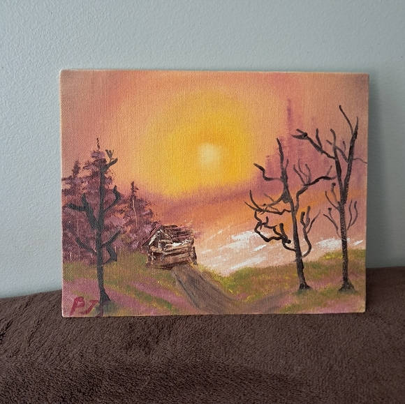 Bob Ross Inspired Cabin in the Woods Lakeside Hazy Sun Hand Painted Oil Canvas - Picture 2 of 6